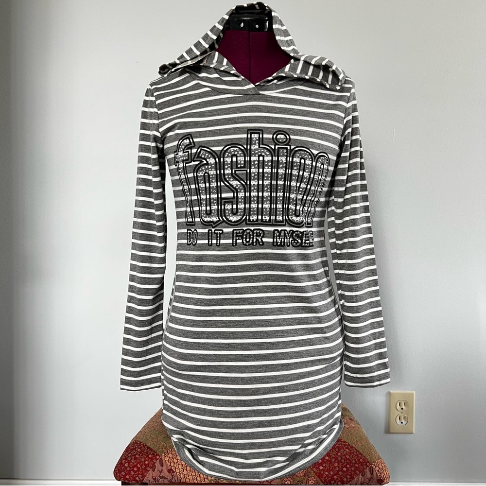 Lawa Women’s Striped Long Sleeve Hooded Super Mini Dress with Pockets NWT